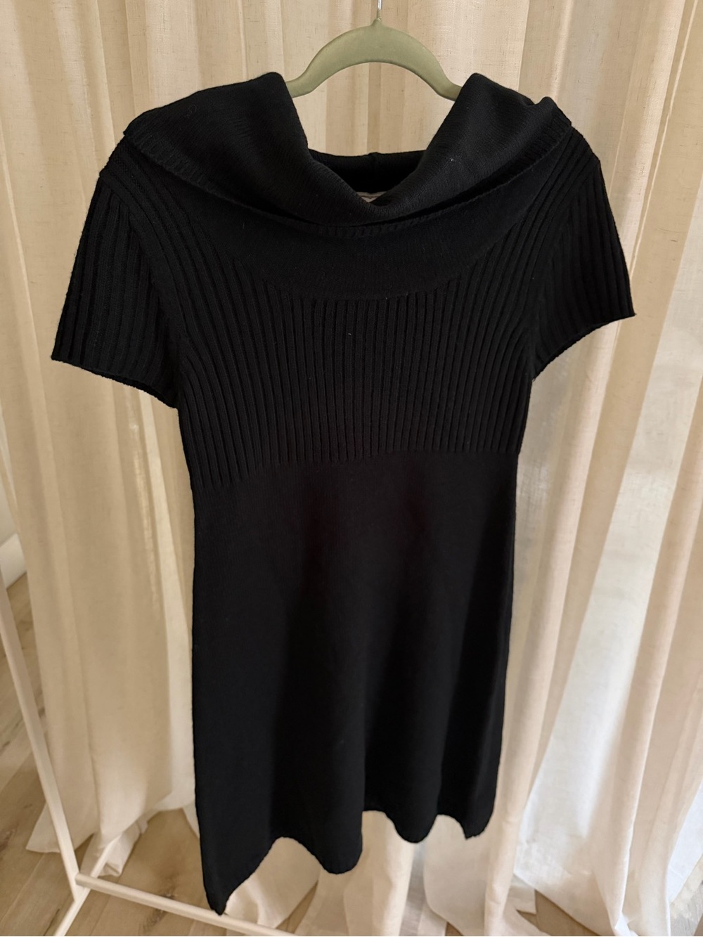 Pink Rose Black Ribbed Cowl-Neck Short Sleeve Sweater Dress